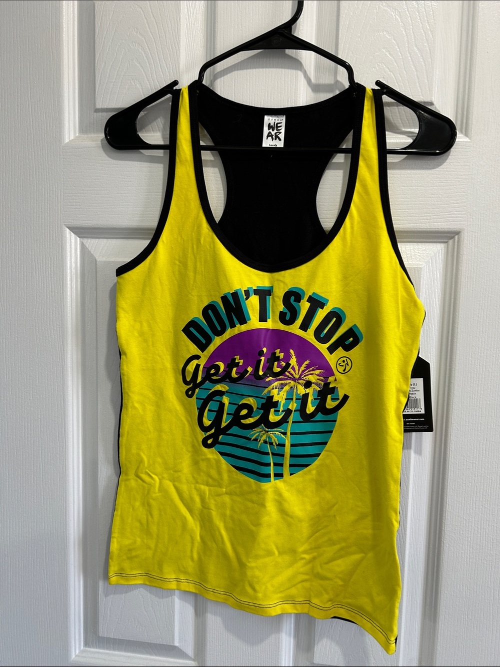 Zumba Fitness Yellow Tank with Teal & Purple Sunset Graphic